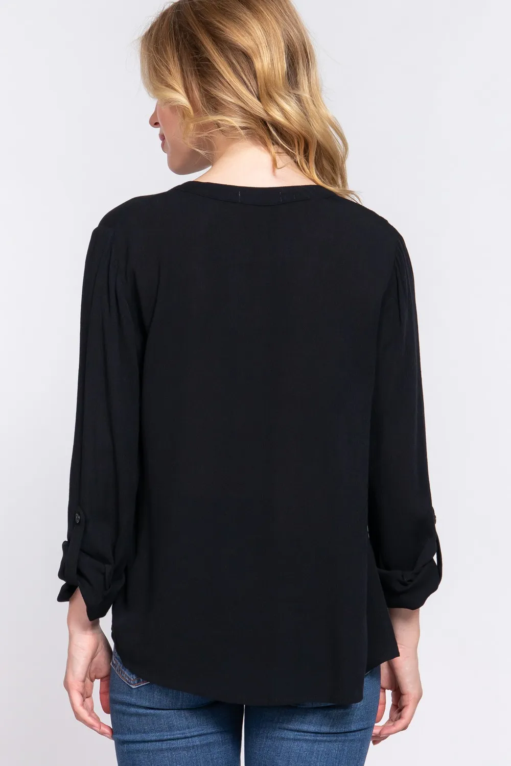 Full Size Notched Long Sleeve Woven Top, image 3
