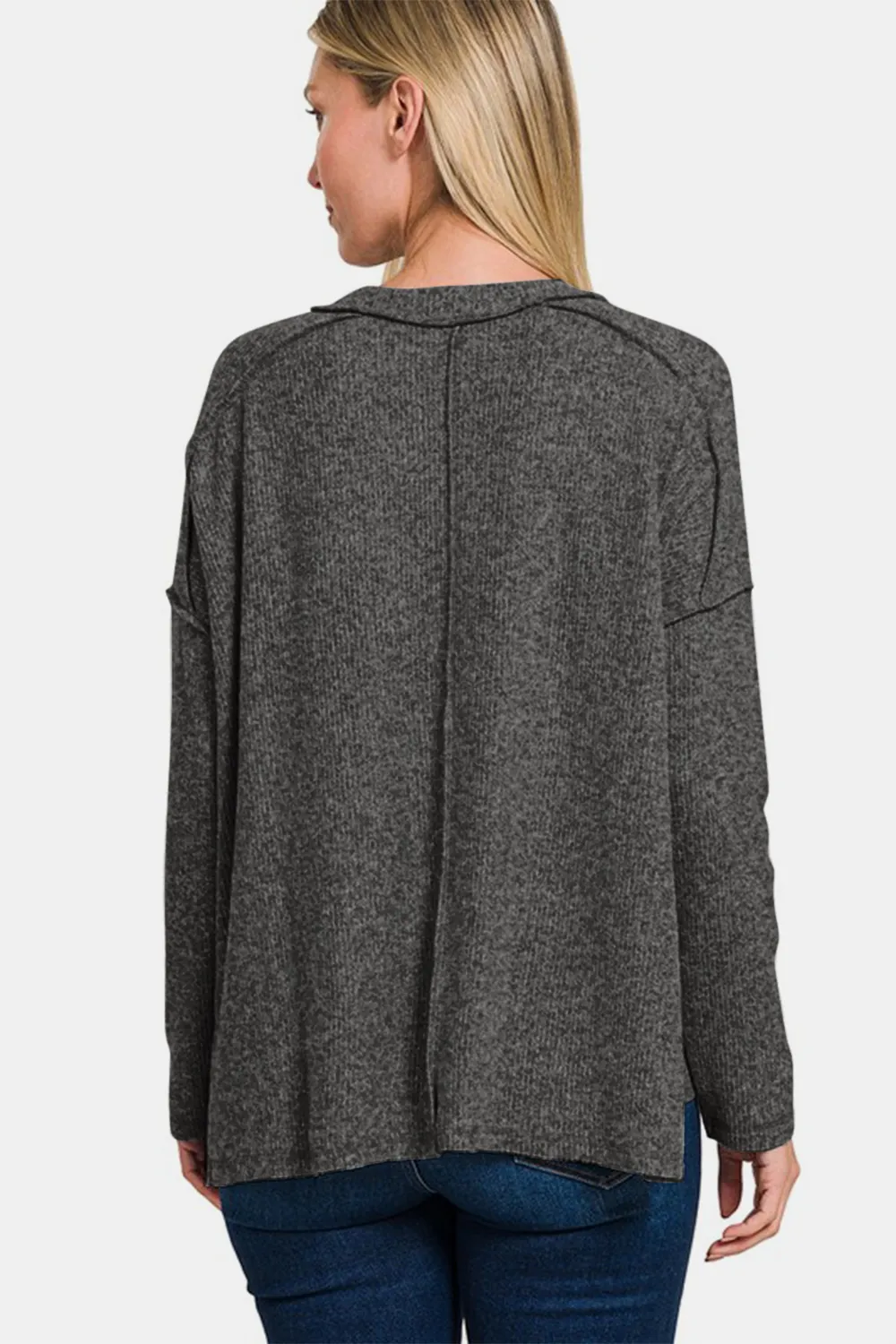 Full Size Exposed Seam Brushed Round Neck Sweater, image 2