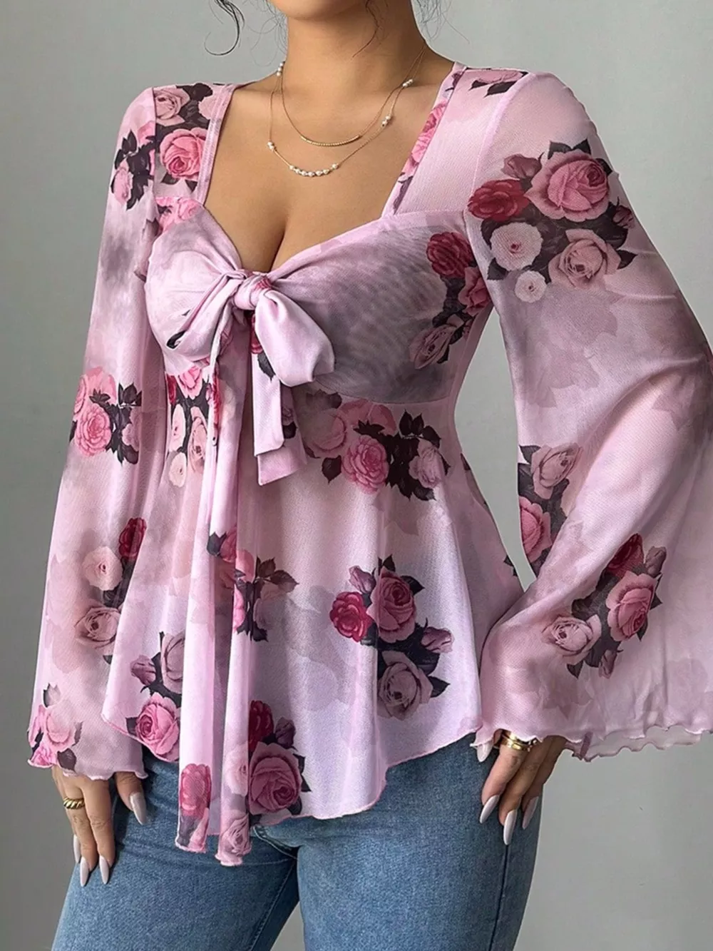 Floral Print Tie Front Flare Sleeve Blouse, image 5