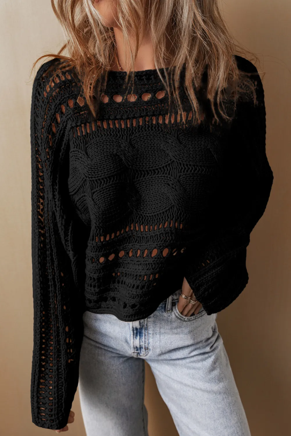 Cable-Knit Openwork Long Sleeve Sweater, image 4