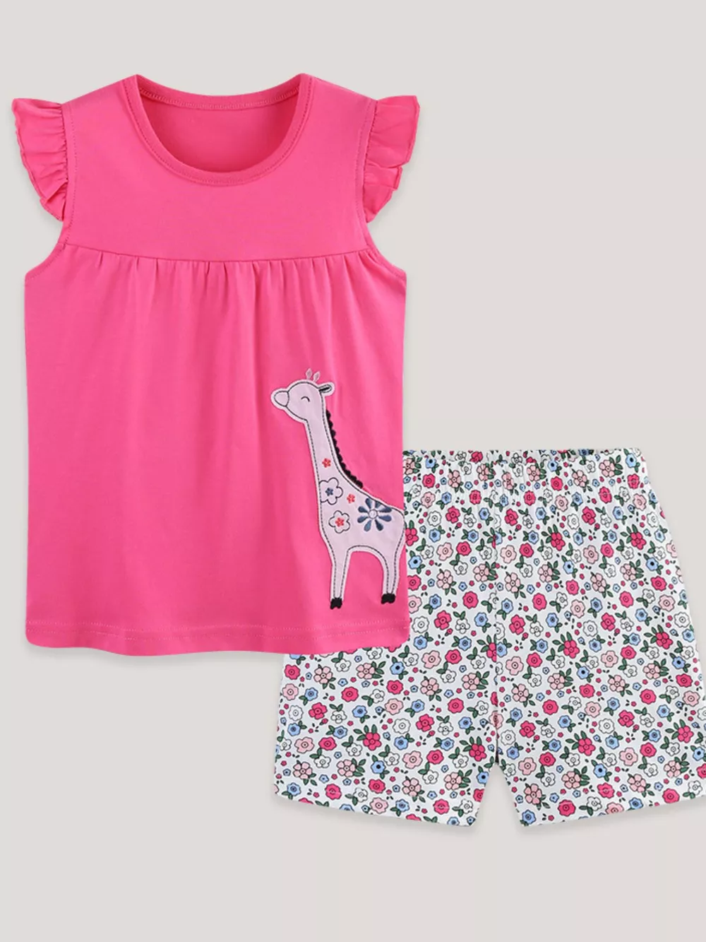 Children's Giraffe Applique Ruffle Sleeve Top & Floral Shorts Set, image 2