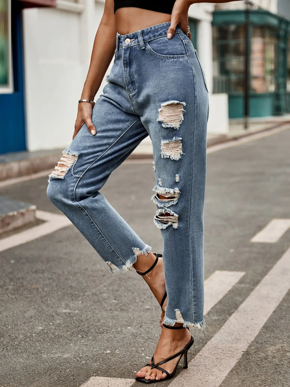 Distressed Raw Hem Jeans with Pockets, image 5