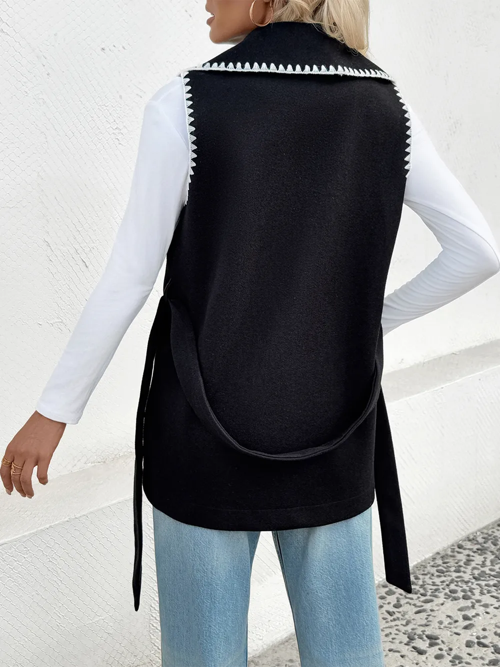 Contrast Trim Collared Neck Vest Coat, image 4
