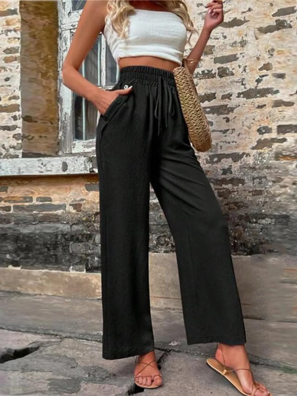 Tied High Waist Wide Leg Pants with Pockets, image 8