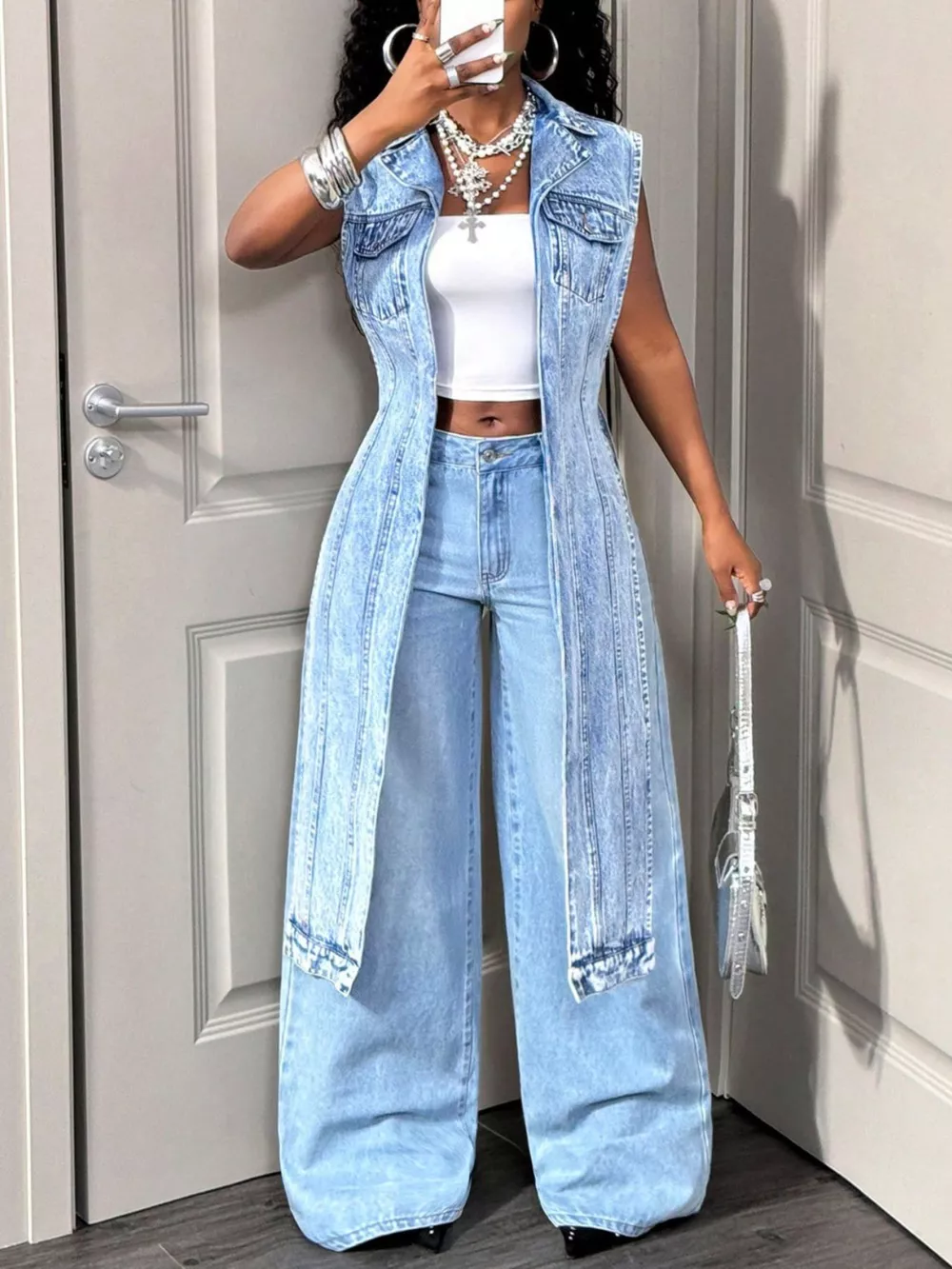 High-Low Open Front Denim Vest, image 2