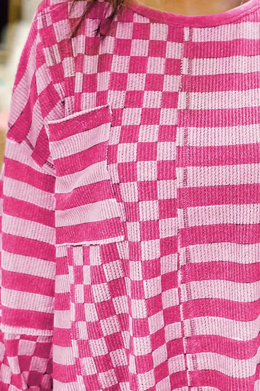 Checker & Stripes Round Neck Long Sleeve Blouse, image 7
