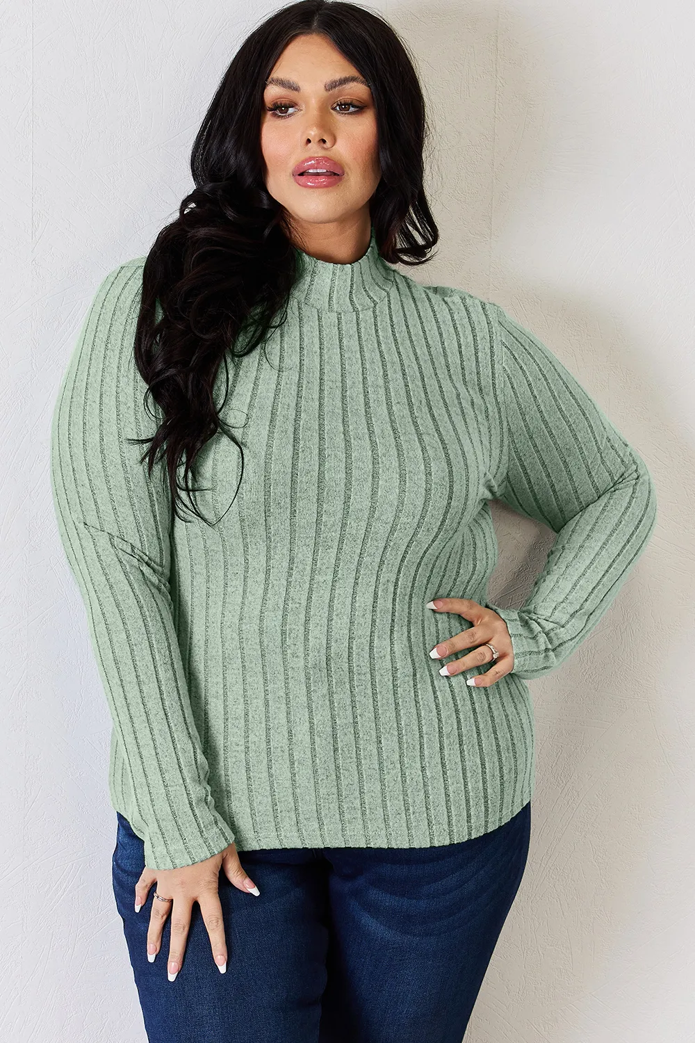 Full Size Ribbed Mock Neck Long Sleeve T-Shirt, image 22