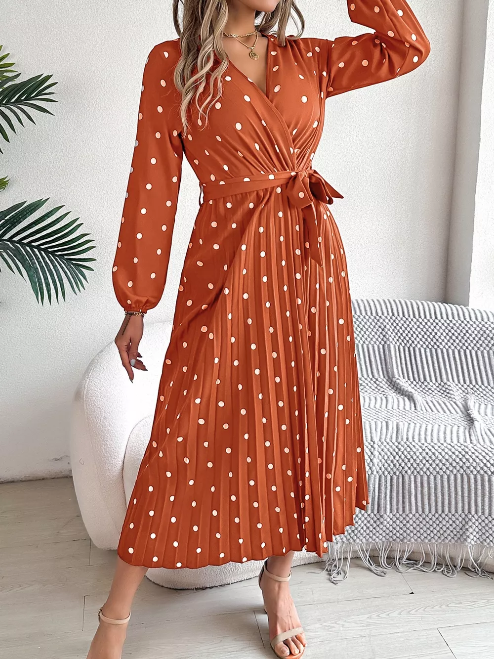Front Tie Polka Dot Midi Pleated Dress, image 22