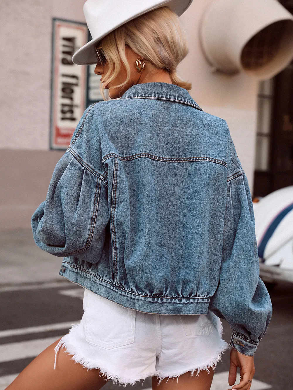Collared Neck Dropped Shoulder Denim Top, image 3