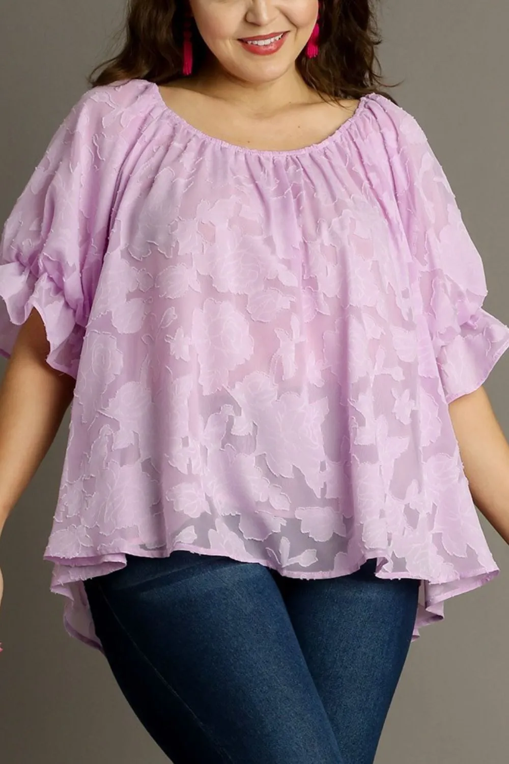 Full Size Jacquard Round Neck Ruffled Puff Sleeve Blouse Plus Size, image 5