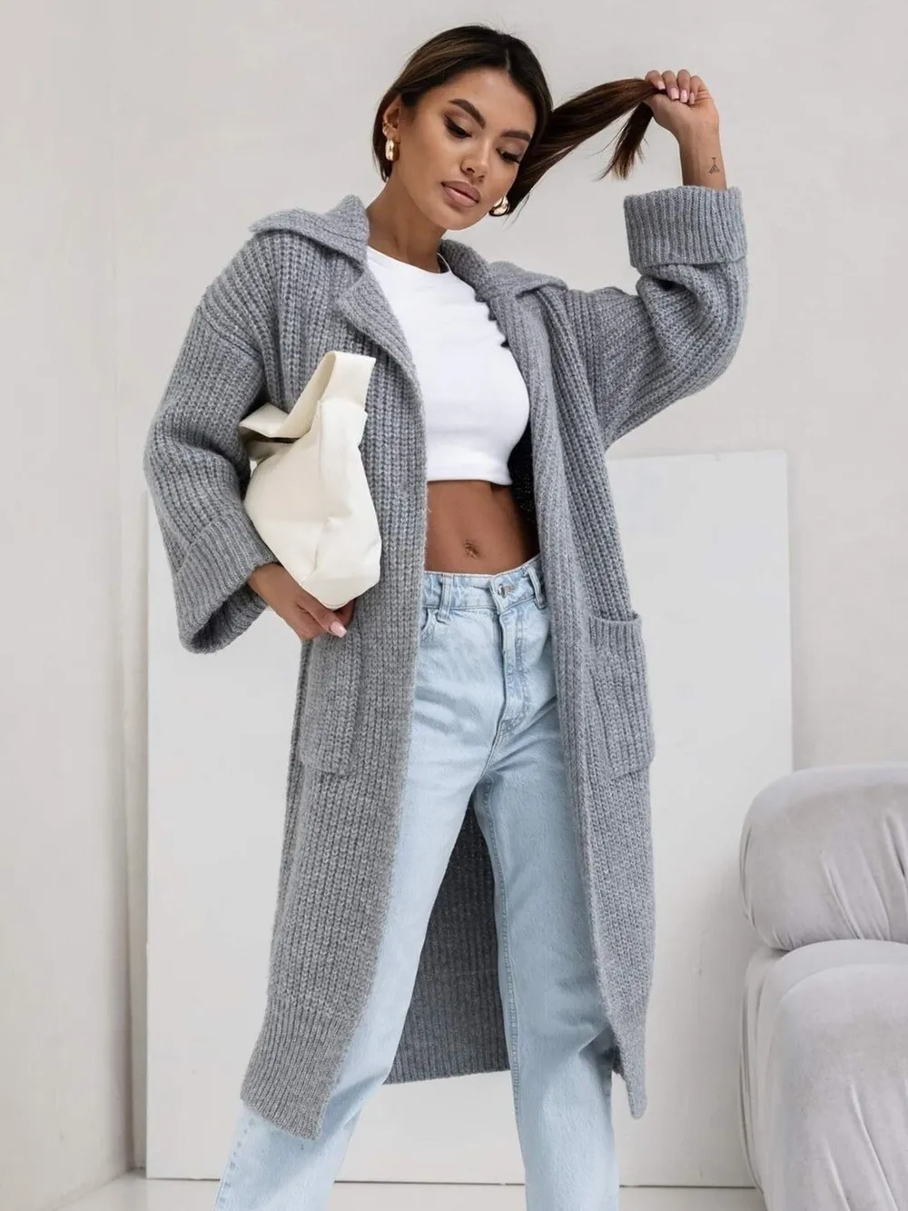Pocketed Collared Neck Dropped Shoulder Cardigan, image 5