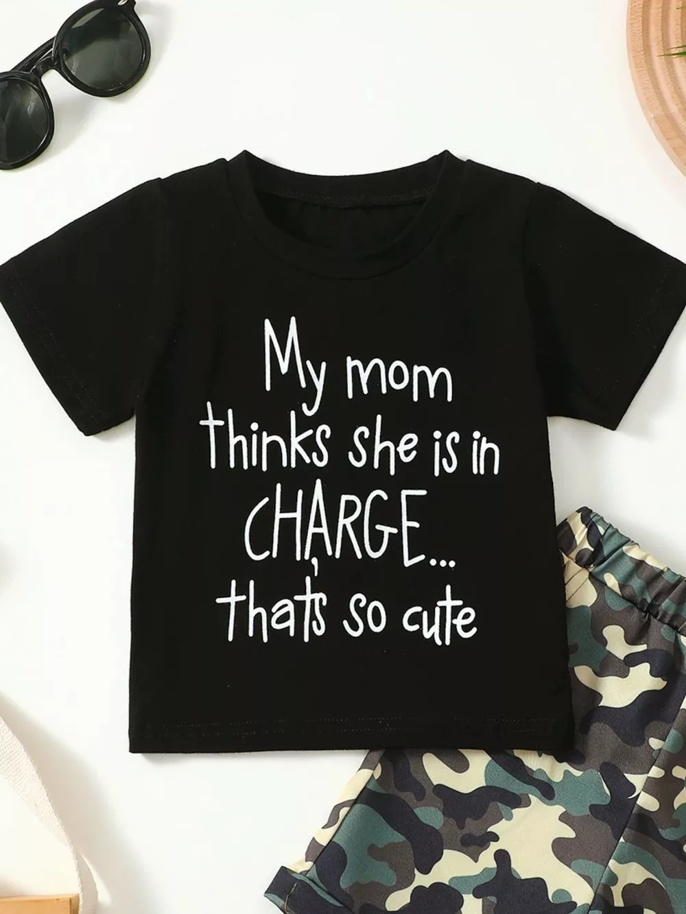 Children's Letter Graphic Tee and Camouflage Shorts Set, image 3