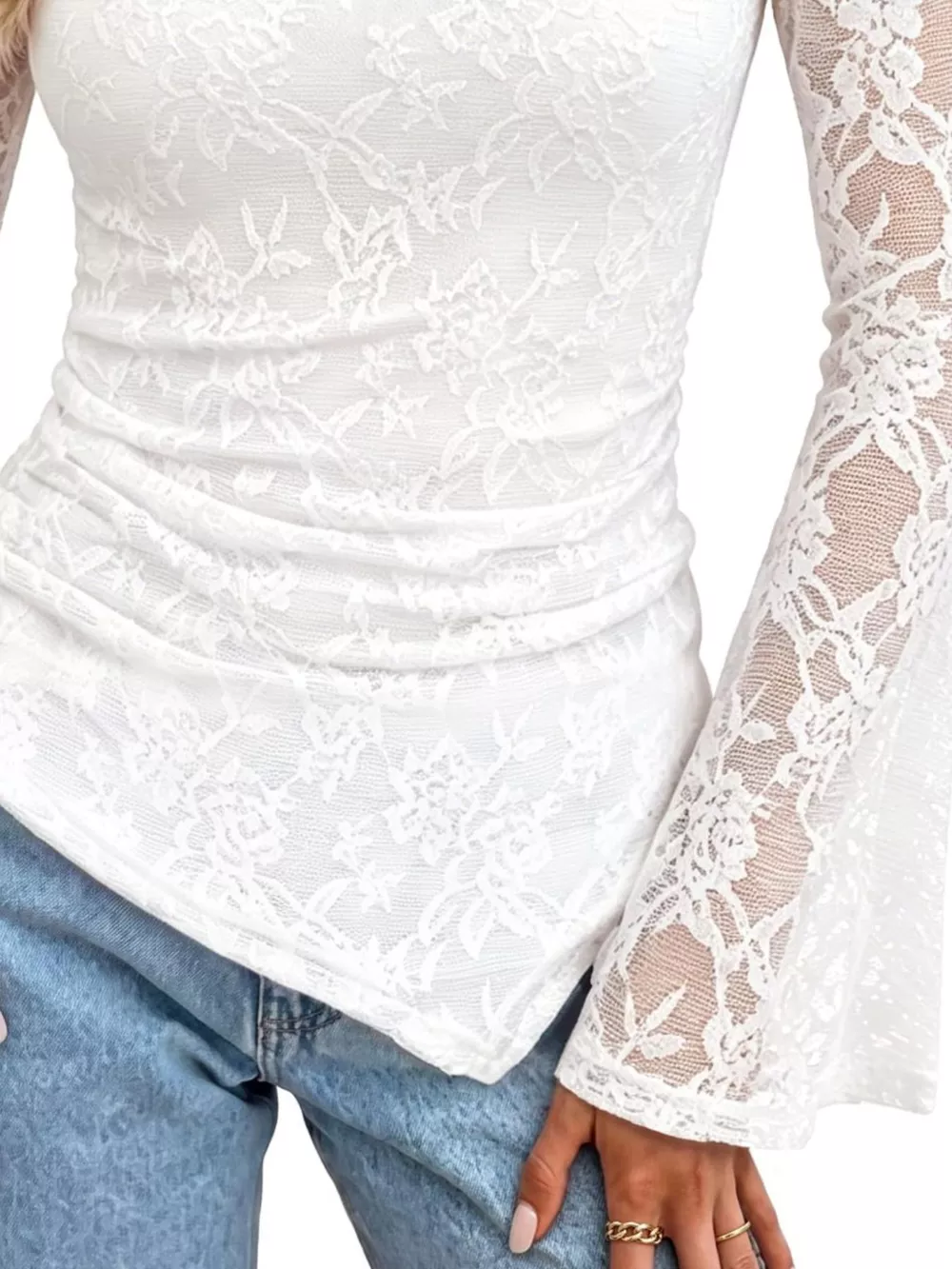 Floral Lace Long Sleeve Blouse with Flared Cuffs, image 6