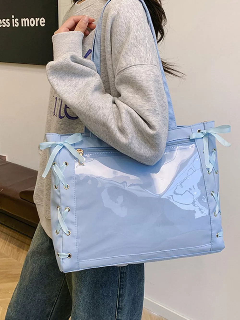 Lace-Up Trim Clear Panel Shoulder Bag, image 14