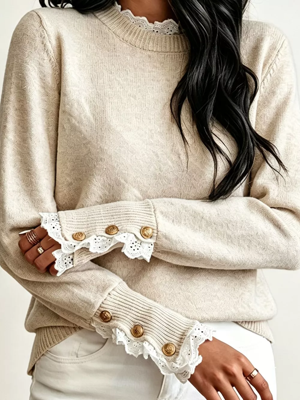 Lace Trim Mock Neck Sweater, image 2