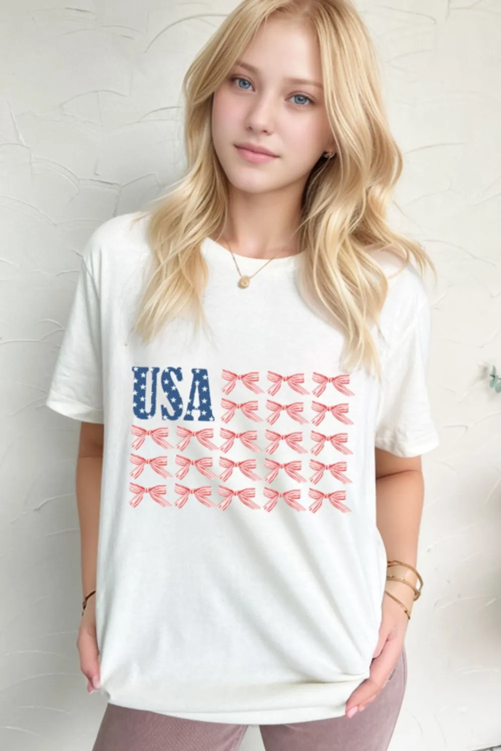 USA Flag Bow Knot Print Round Neck T Shirt
