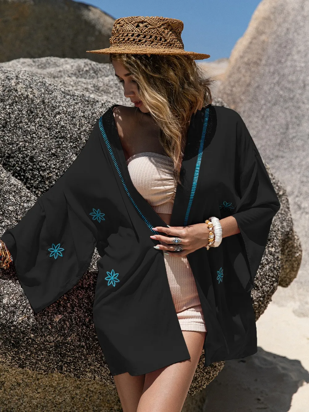 Embroidered Open Front Long Sleeve Cover Up, image 4
