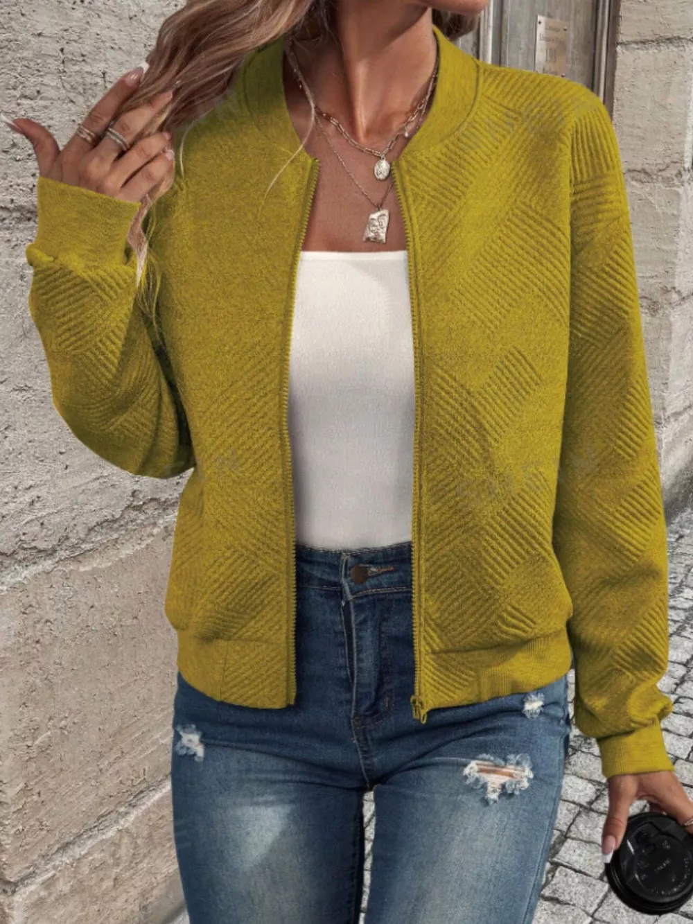 Textured Knit Zip-Up Bomber Jacket, image 32
