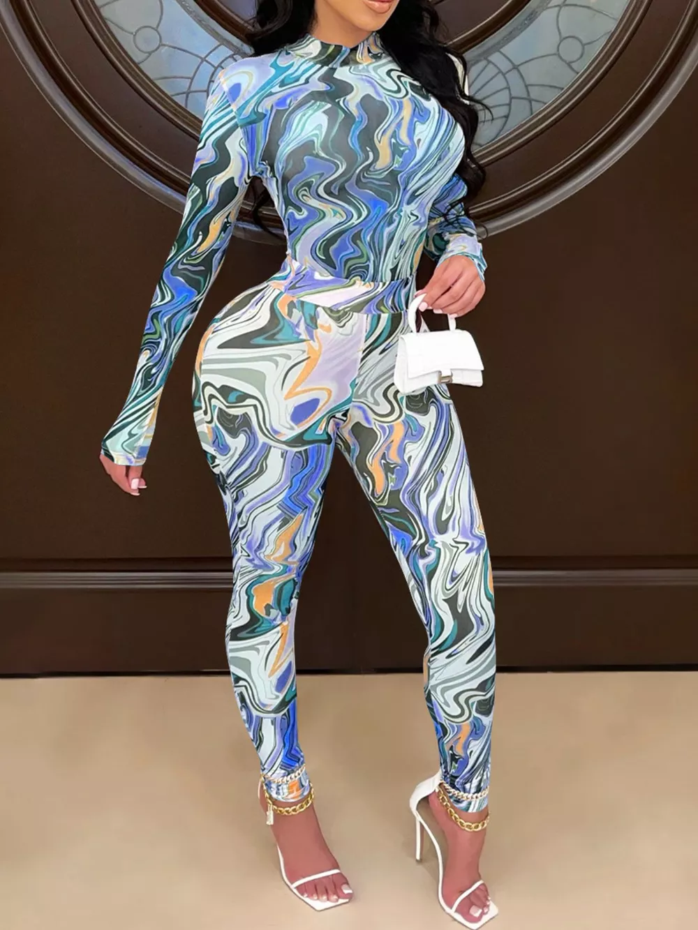 Abstract Swirl Print Top and Pants Set, image 3
