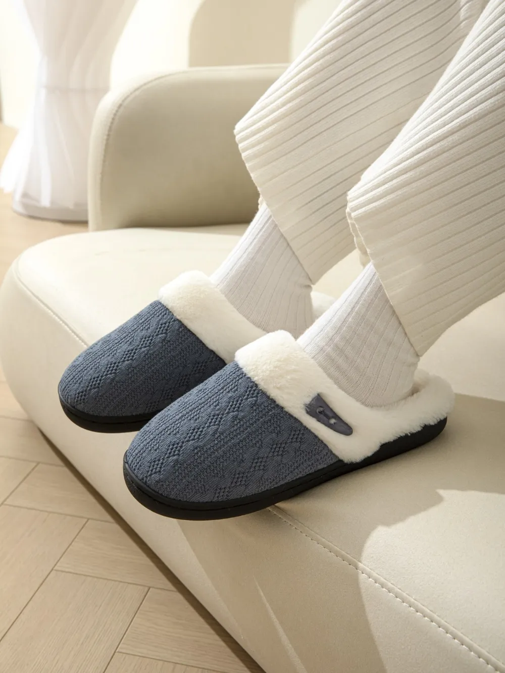 Horn Buckle Furry Texture Flat Slippers, image 18