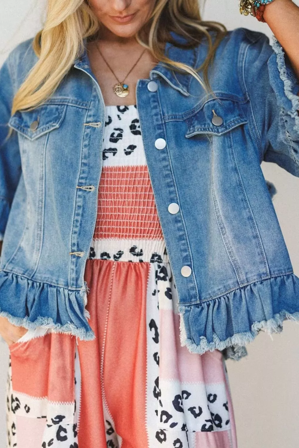 Ruffle Hem Raw Edge Half Sleeve Western Denim Jacket, image 3