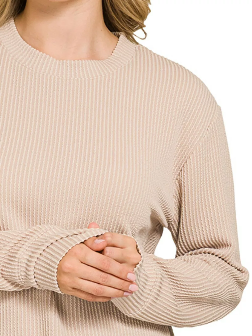 Full Size Raised Rib Round Neck Long Sleeve Top Plus Size, image 3
