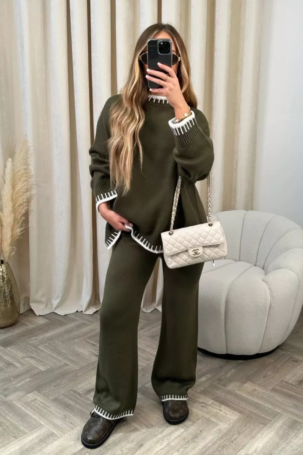Contrast Trim Round Neck Top and Pants Sweater Set, image 18