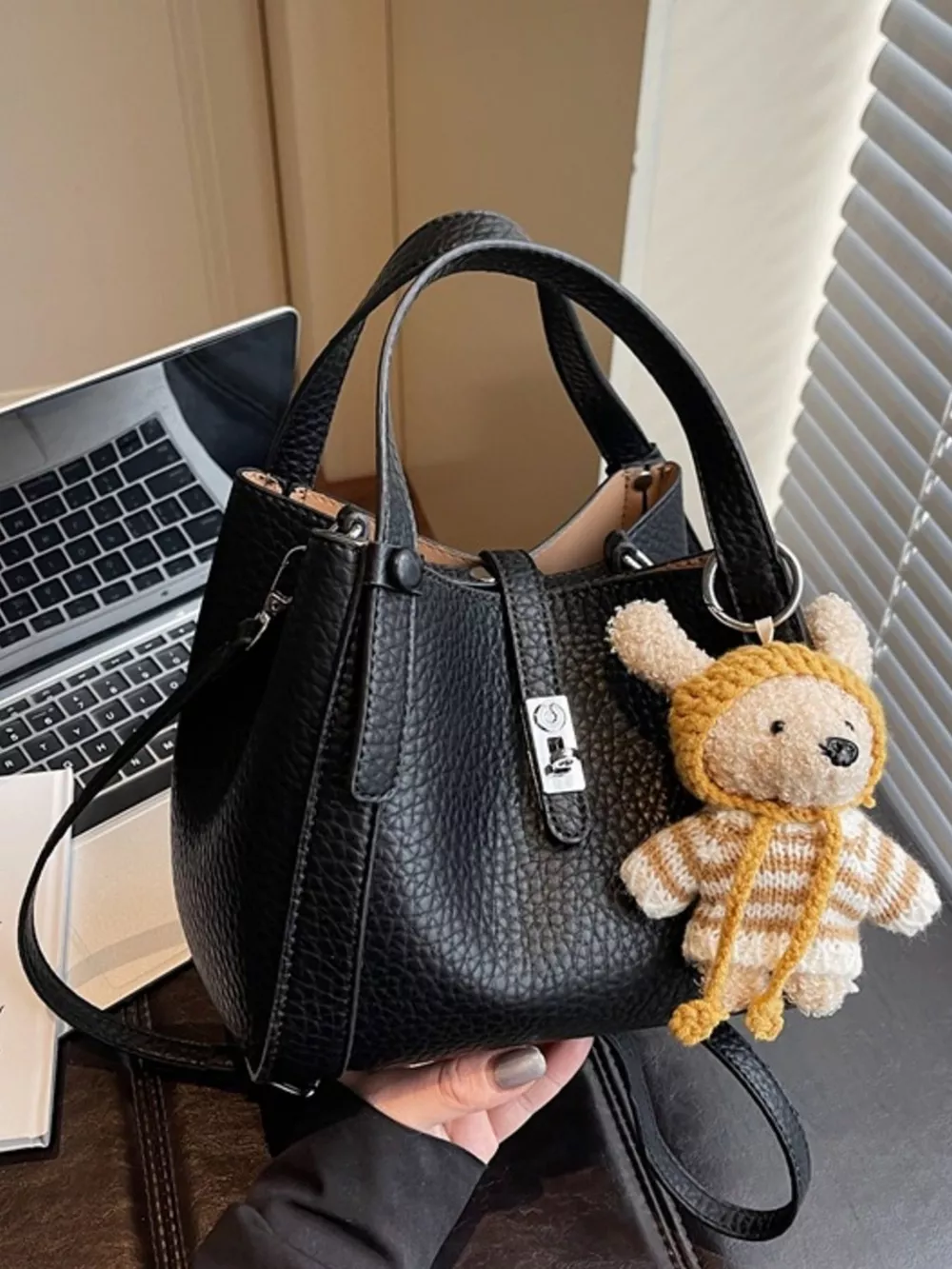 Bucket Crossbody Bag with Bear Charm, image 4