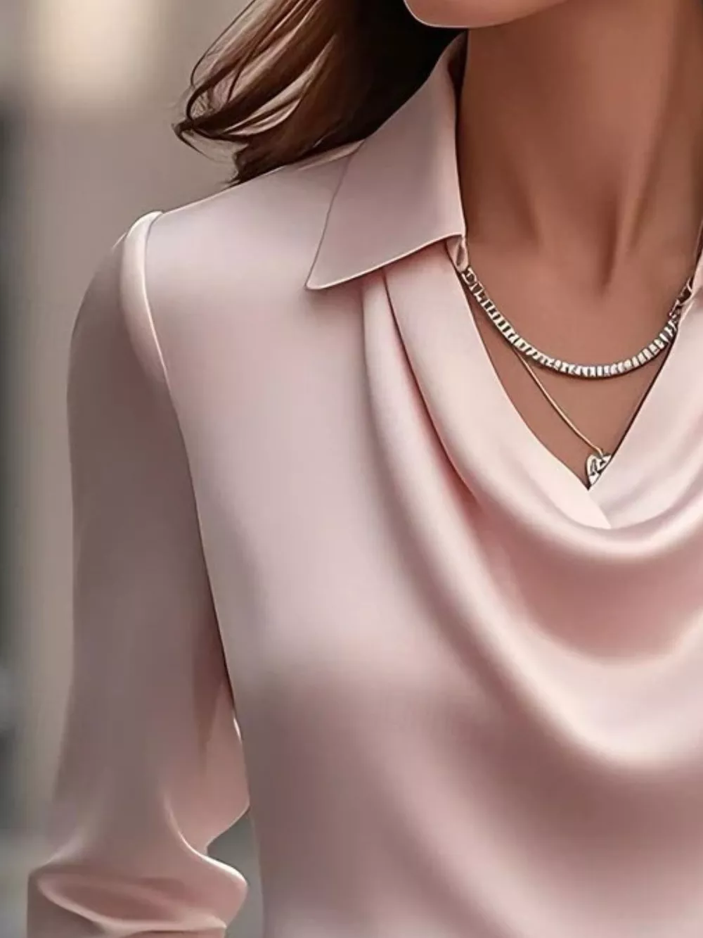 Ruched Long Sleeve Drape Collar Blouse, image 12
