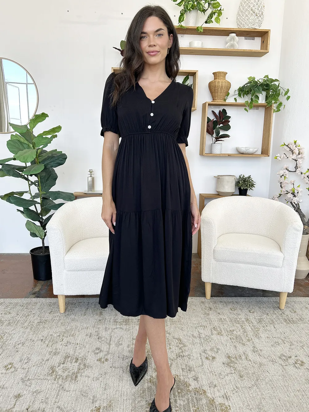 Ruched V-Neck Half Sleeve Midi Dress, image 10