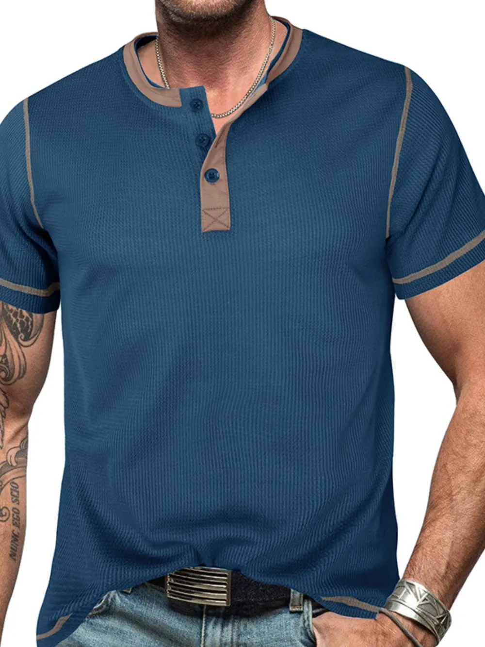 Men's Full Size Contrast Stitch Henley Polo Shirt Plus Size, image 2