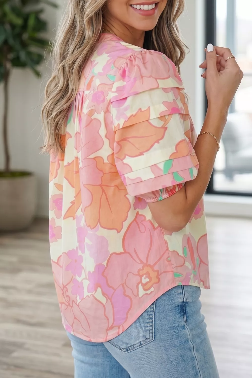 Floral Print Button Down Pintuck Short Sleeve Shirt, image 2
