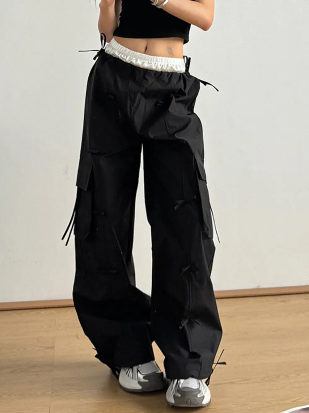Cargo Wide Leg Pants with Bow Tie Details, image 12