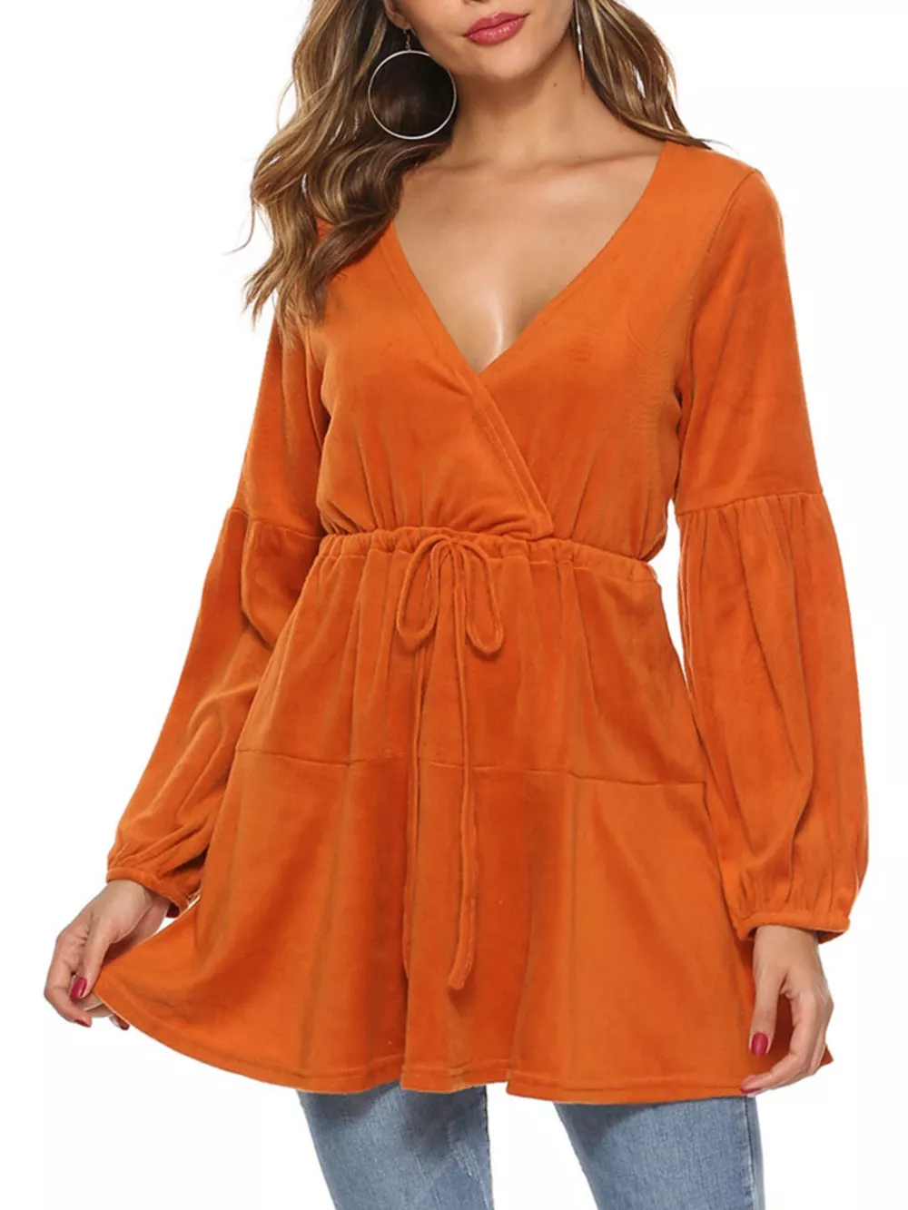 Velvet Long Sleeve Drawstring Blouse, image 4