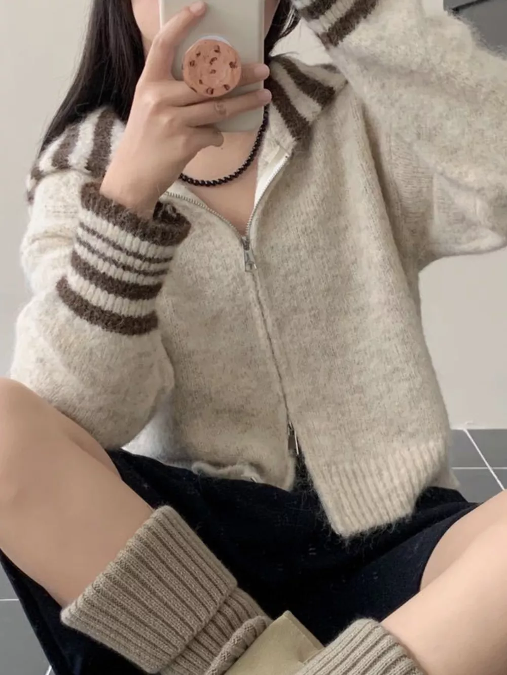 Striped Trim Zip-Up Knit Cardigan, image 7