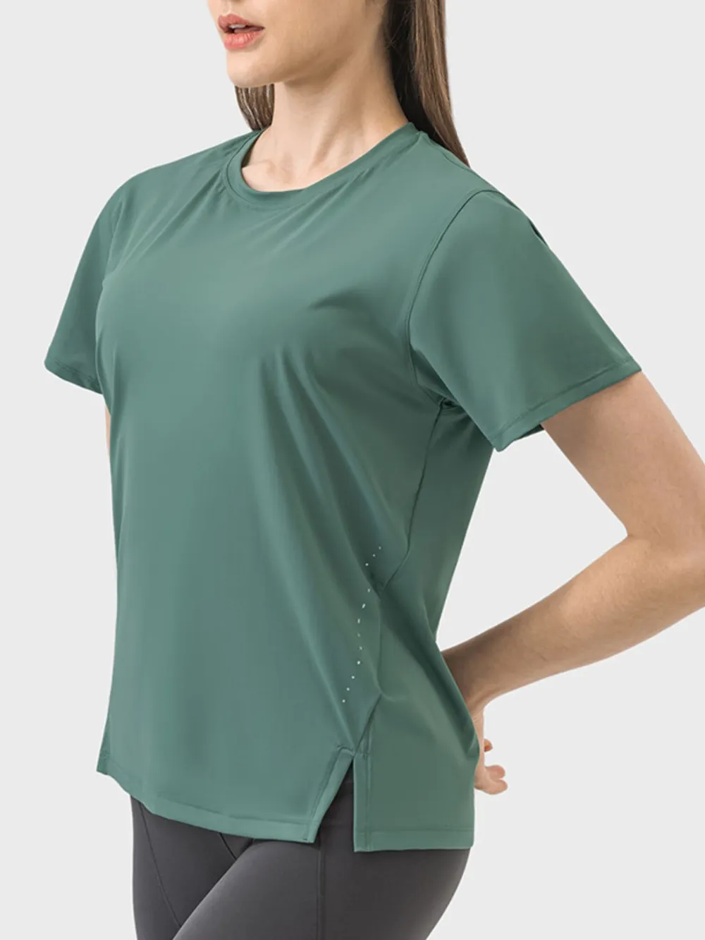 Slit Round Neck Short Sleeve Active T-Shirt, image 6