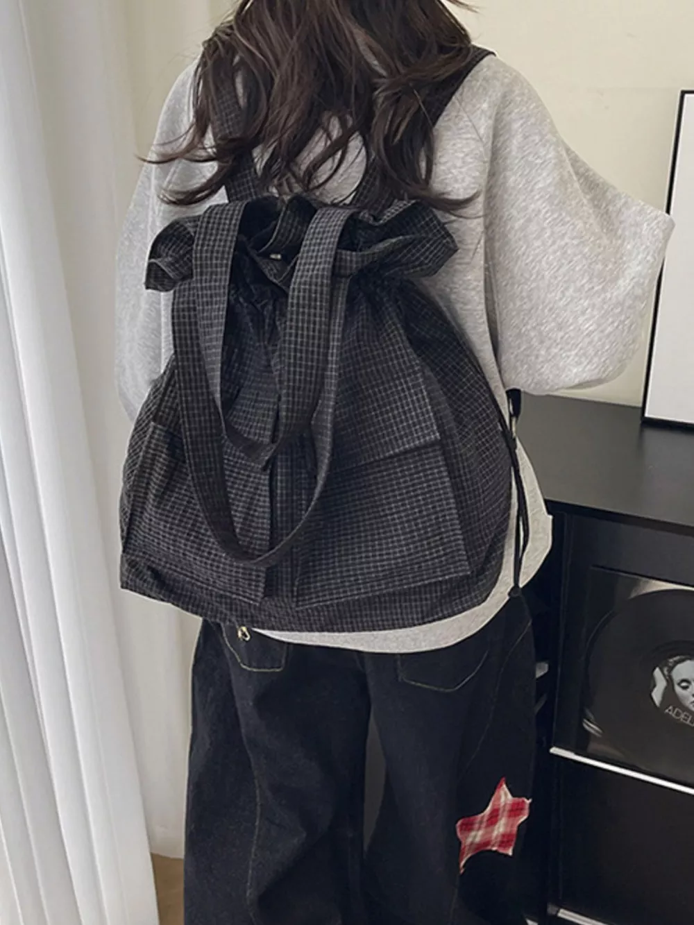 Convertible Plaid Drawstring Backpack Bag, image 9