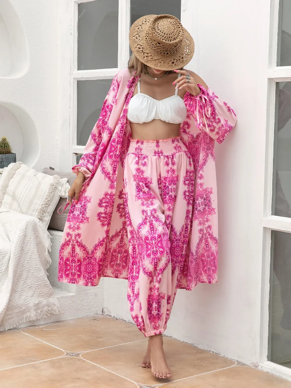 Printed Open Front Top and Pants Set, image 5