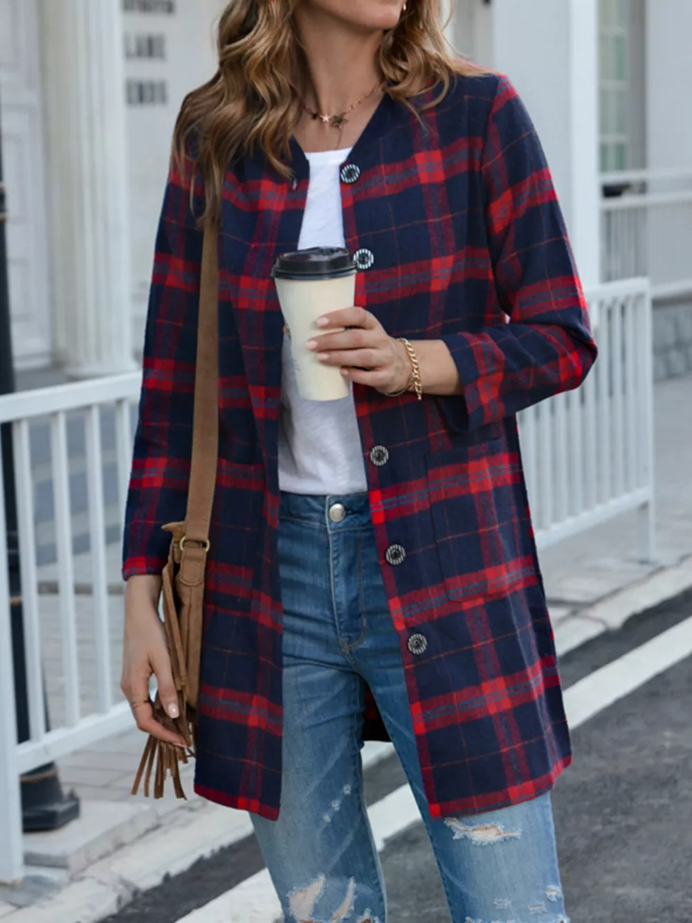 Plus Size Plaid Button-Down Longline Shirt, image 6