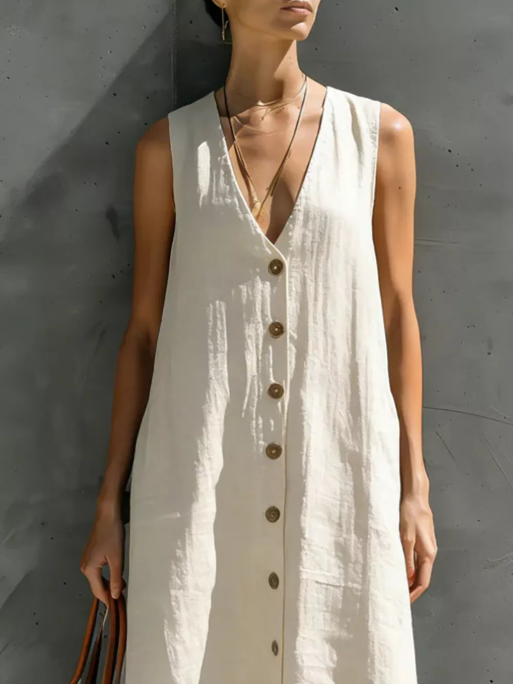 Full Size Sleeveless V-Neck Button-Down Linen Maxi Dress Plus Size, image 2