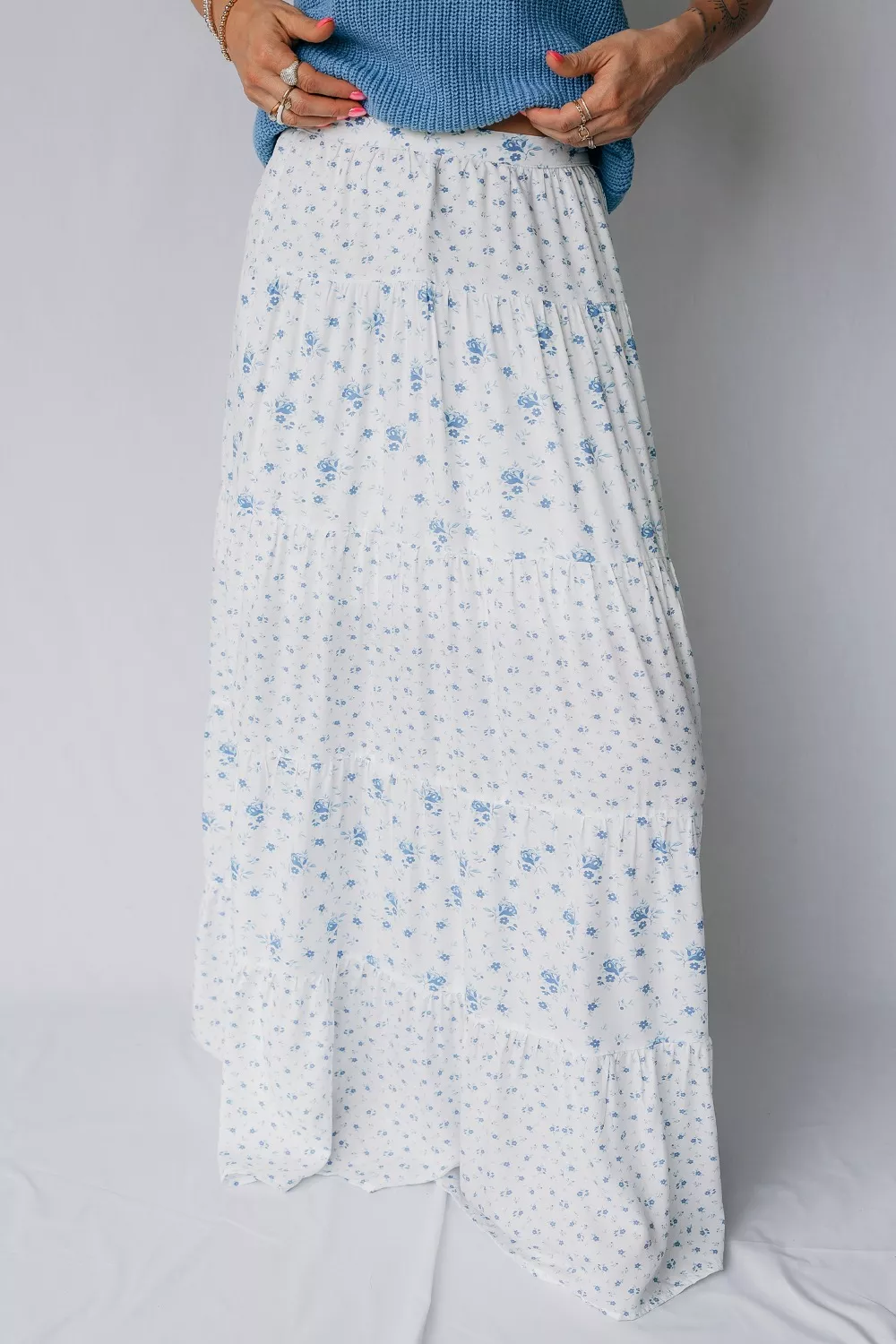 High Waist Tiny Floral Print Boho Maxi Skirt, image 2