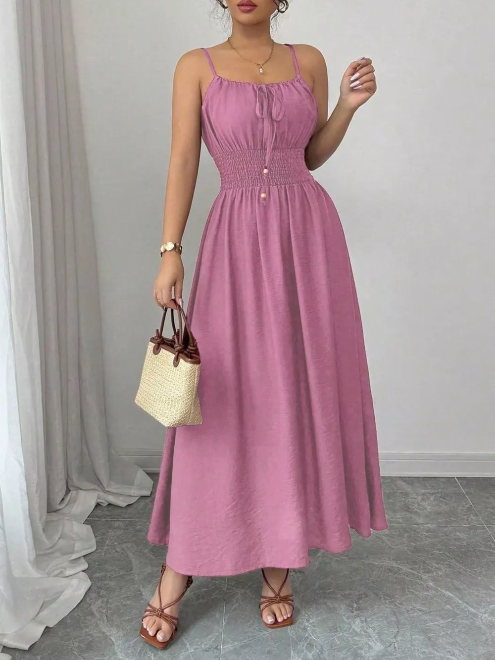 Smocked Spaghetti Strap Midi Dress, image 19