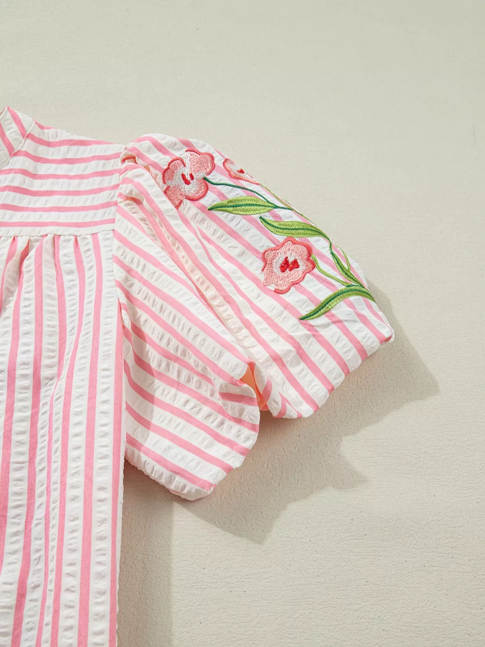 Stripe Print Floral Embroidered Puff Sleeve V Neck Blouse, image 7