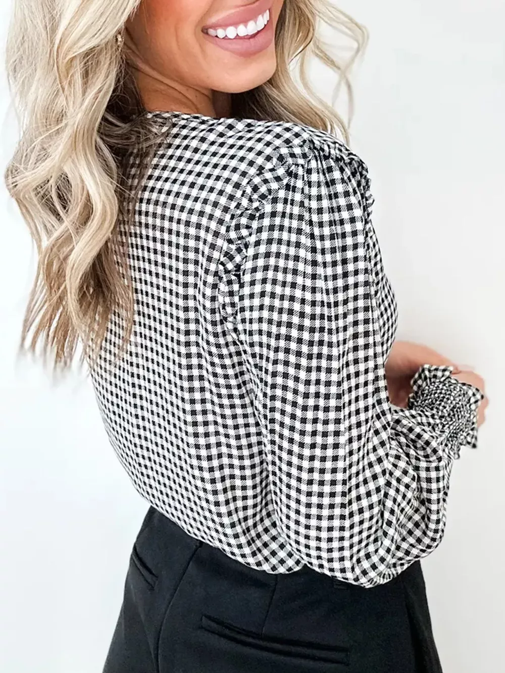 Plaid Shirred Cuff Long Sleeve Round Neck Blouse, image 3