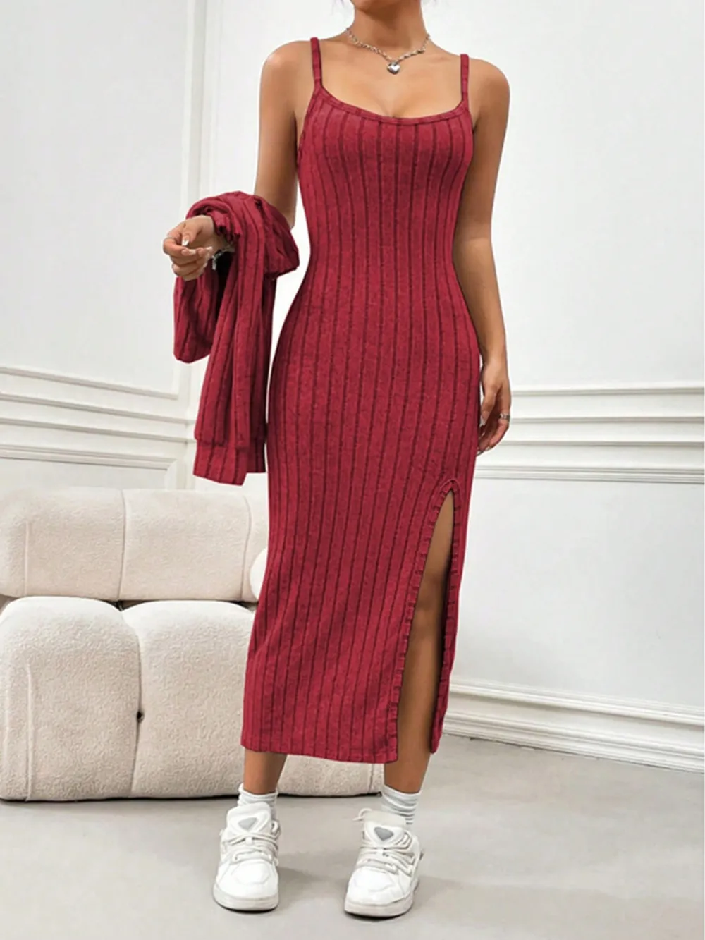 Ribbed Long Sleeve Cropped Cardigan and Slit Cami Dress Set, image 5