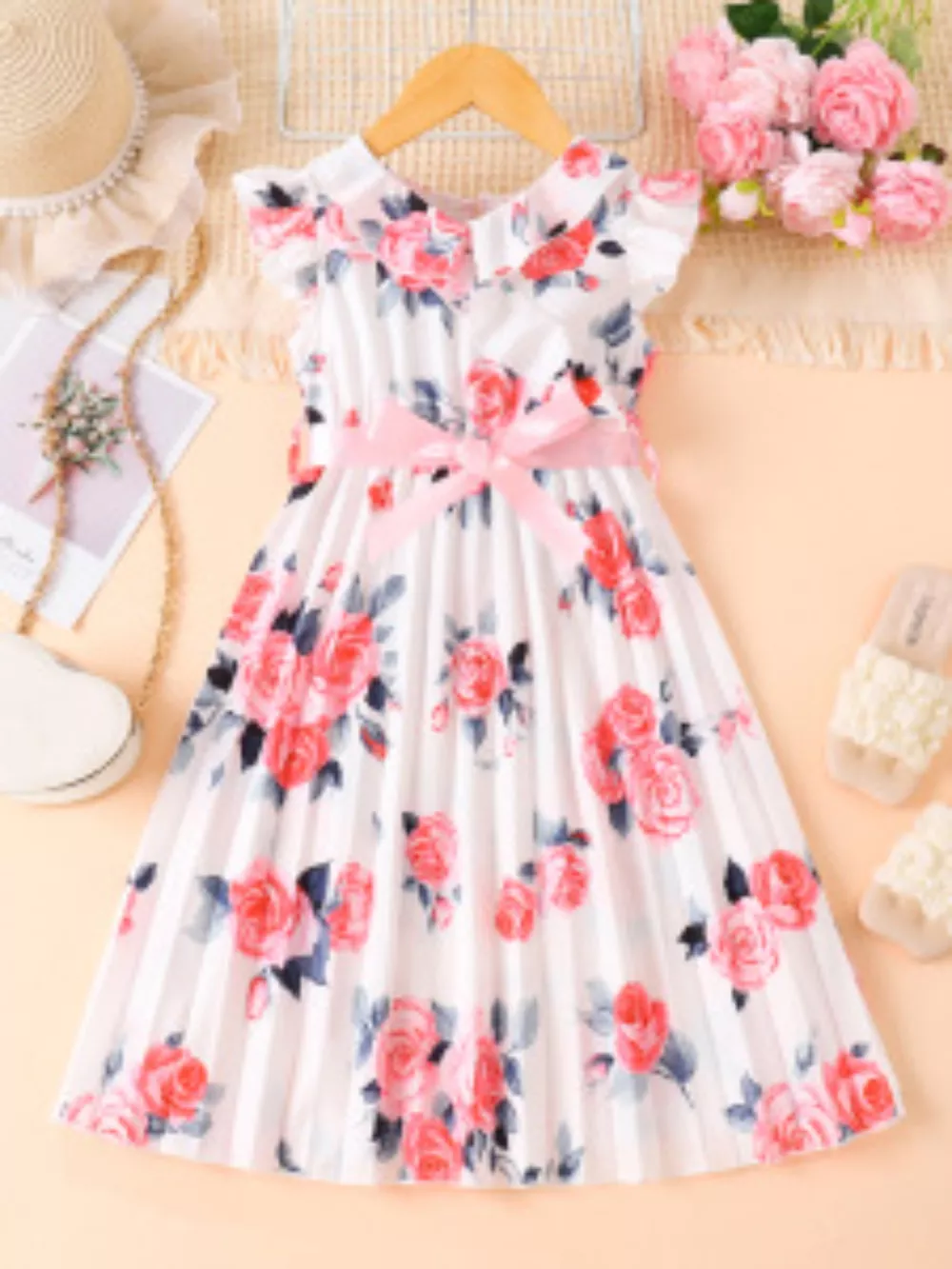 Children's Floral Print Ruffle Trim Bow Pleated Dress, image 2
