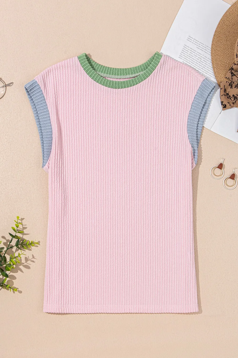 Contrast Trim Round Neck Cap Sleeve Top, image 7