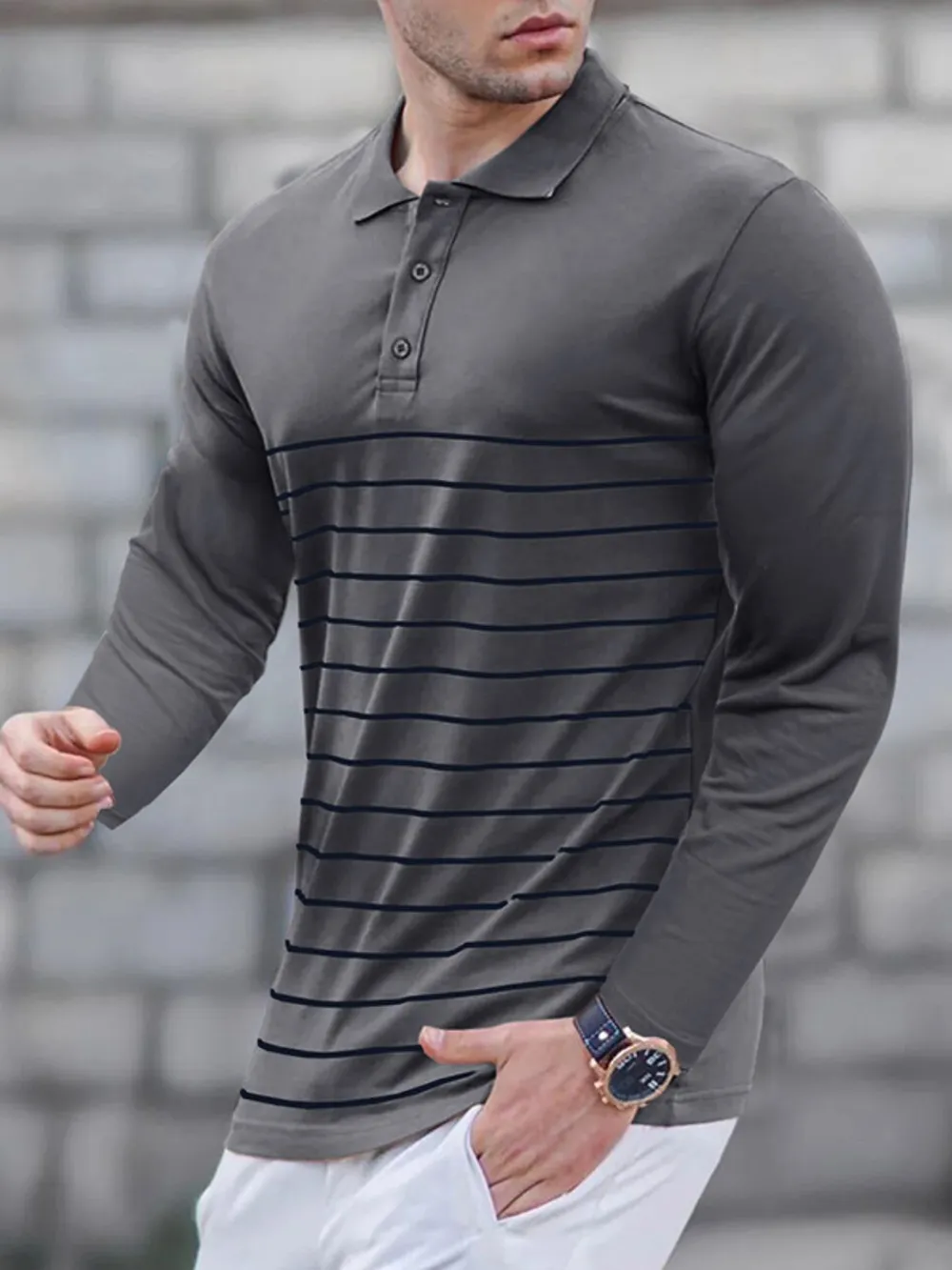 Men's Striped Long Sleeve Polo Shirt, image 6