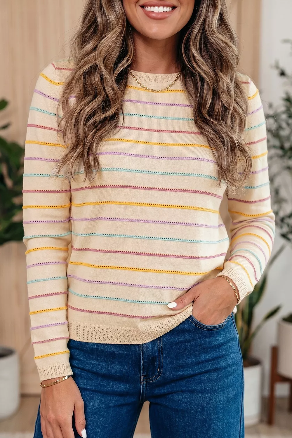Stripe Colorful Stripes Crew Neck Knit Sweater, image 2