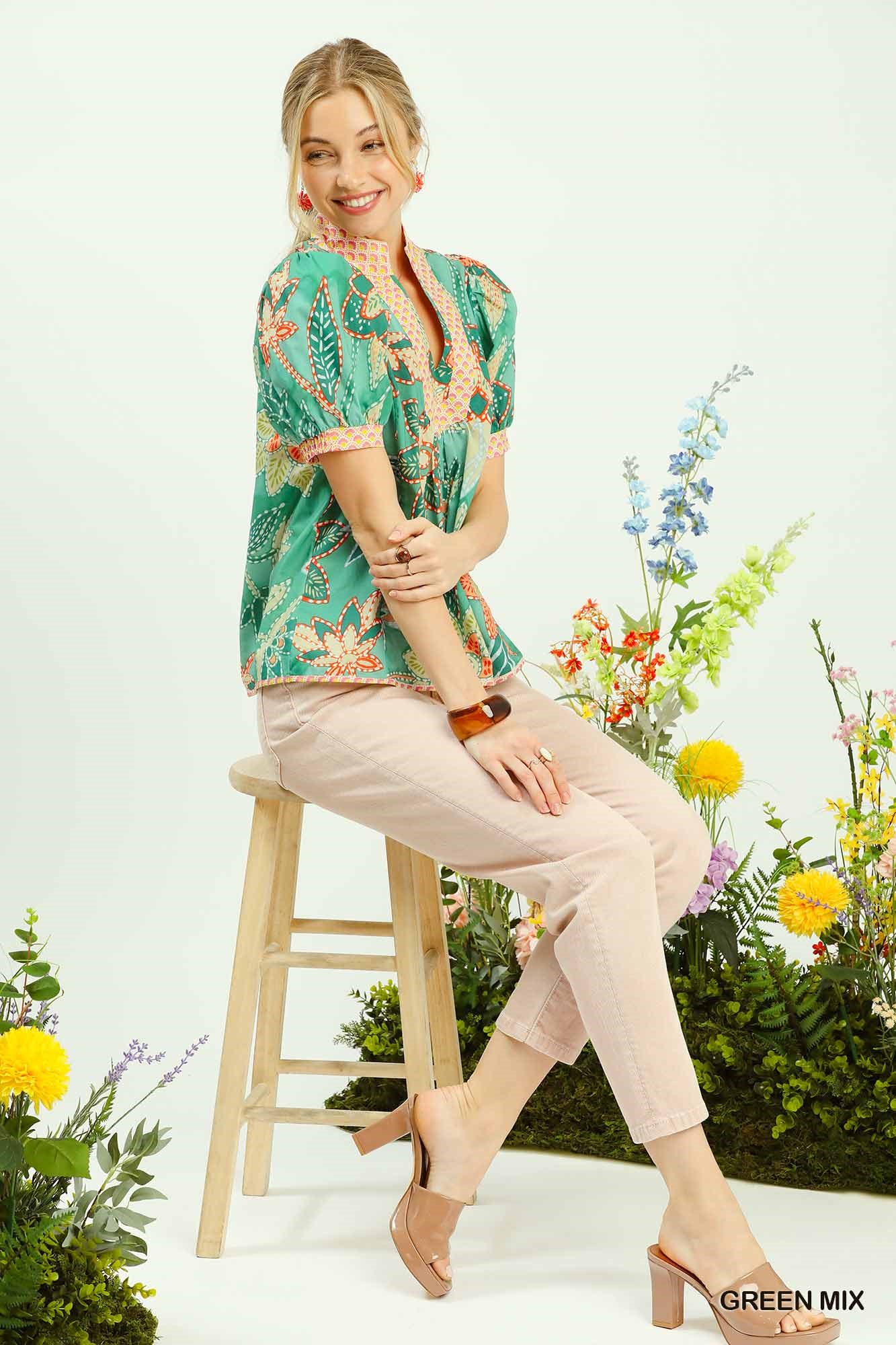 Mixed Abstract Print Puff Sleeve Blouse, image 5